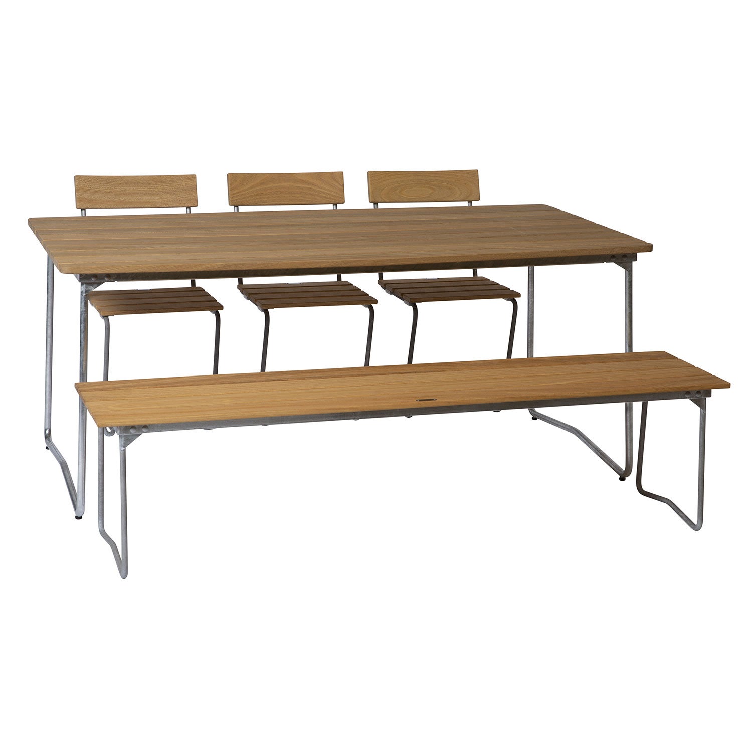 Penkki 9 käsittelemätöntä tiikkiä / kuumasinkitty runko Grythyttan Stålmöbler 