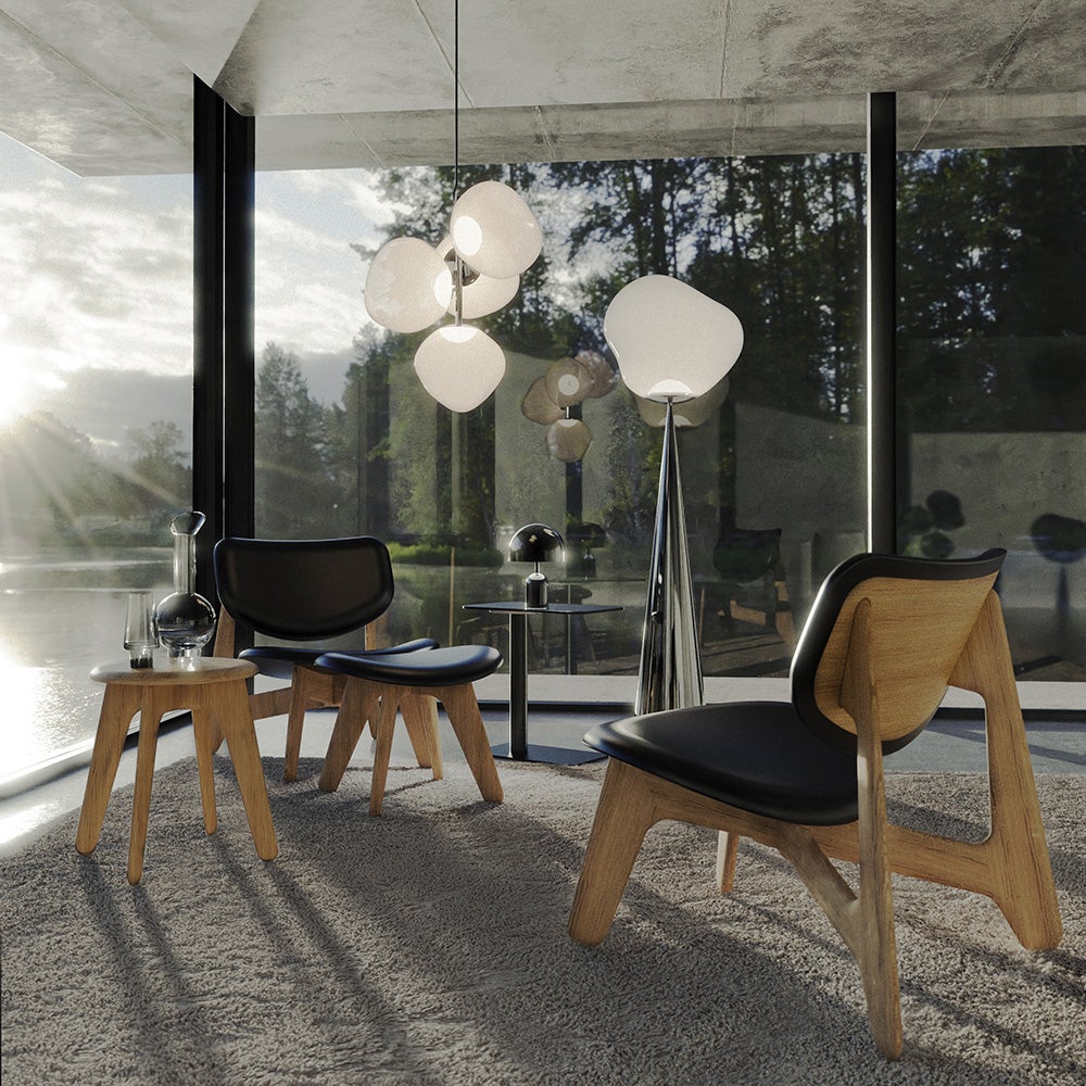 Slab-lepotuoli luonnonvärinen puu ja musta nahka