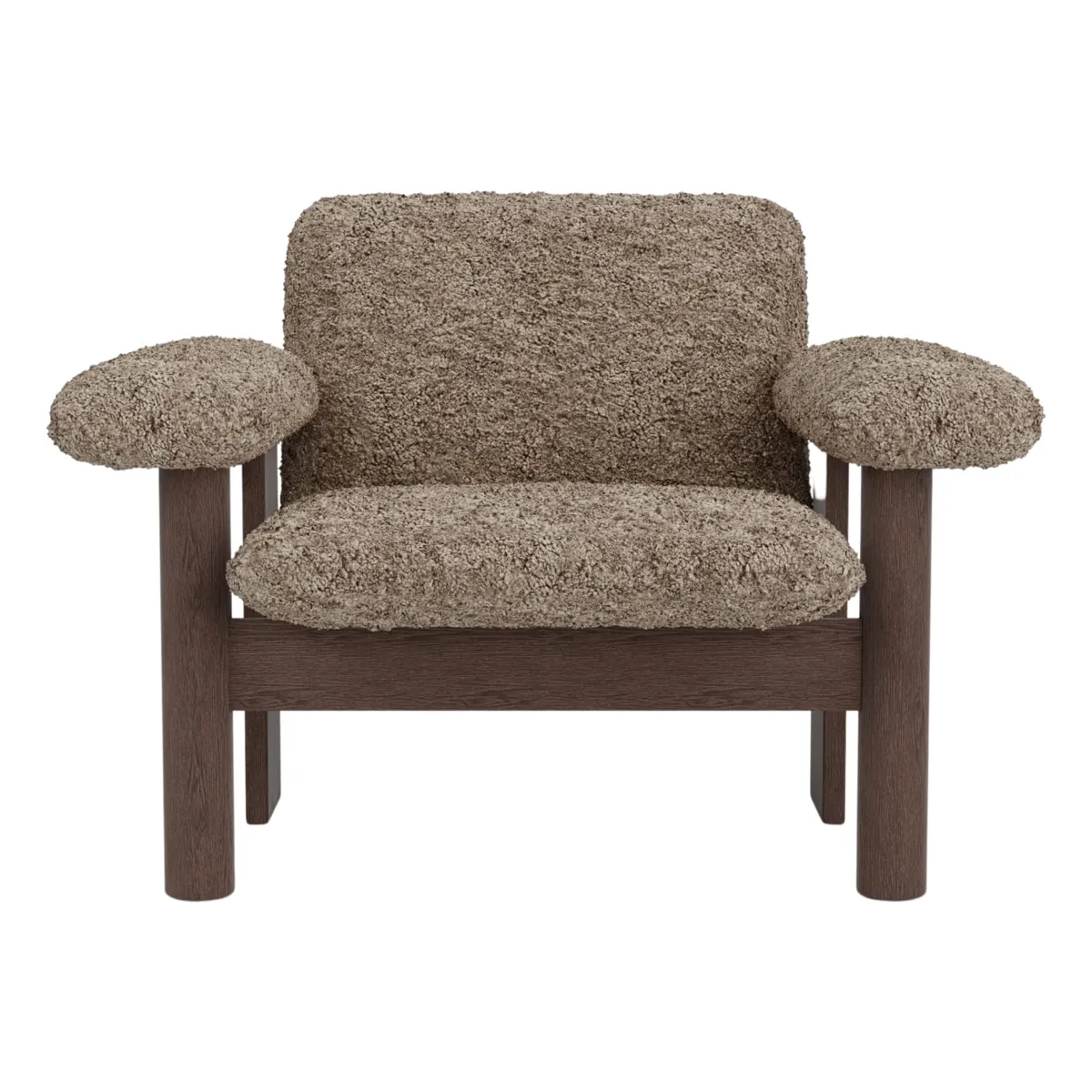 Brasilia lounge-tuoli täysverhoiltu, matala selkä, nelijalkainen runko, tummaksi petsattu täystammi, Sheepskin Nevotex Sahara