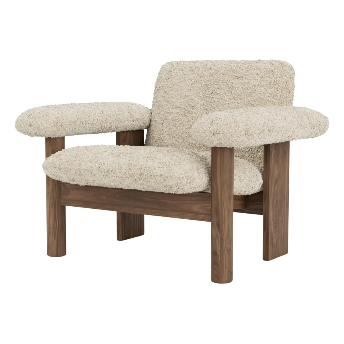 Brasilia lounge-tuoli täysverhoiltu matala selkä nelijalkainen runko massiivipähkinä Sheepskin Nevotex Nature