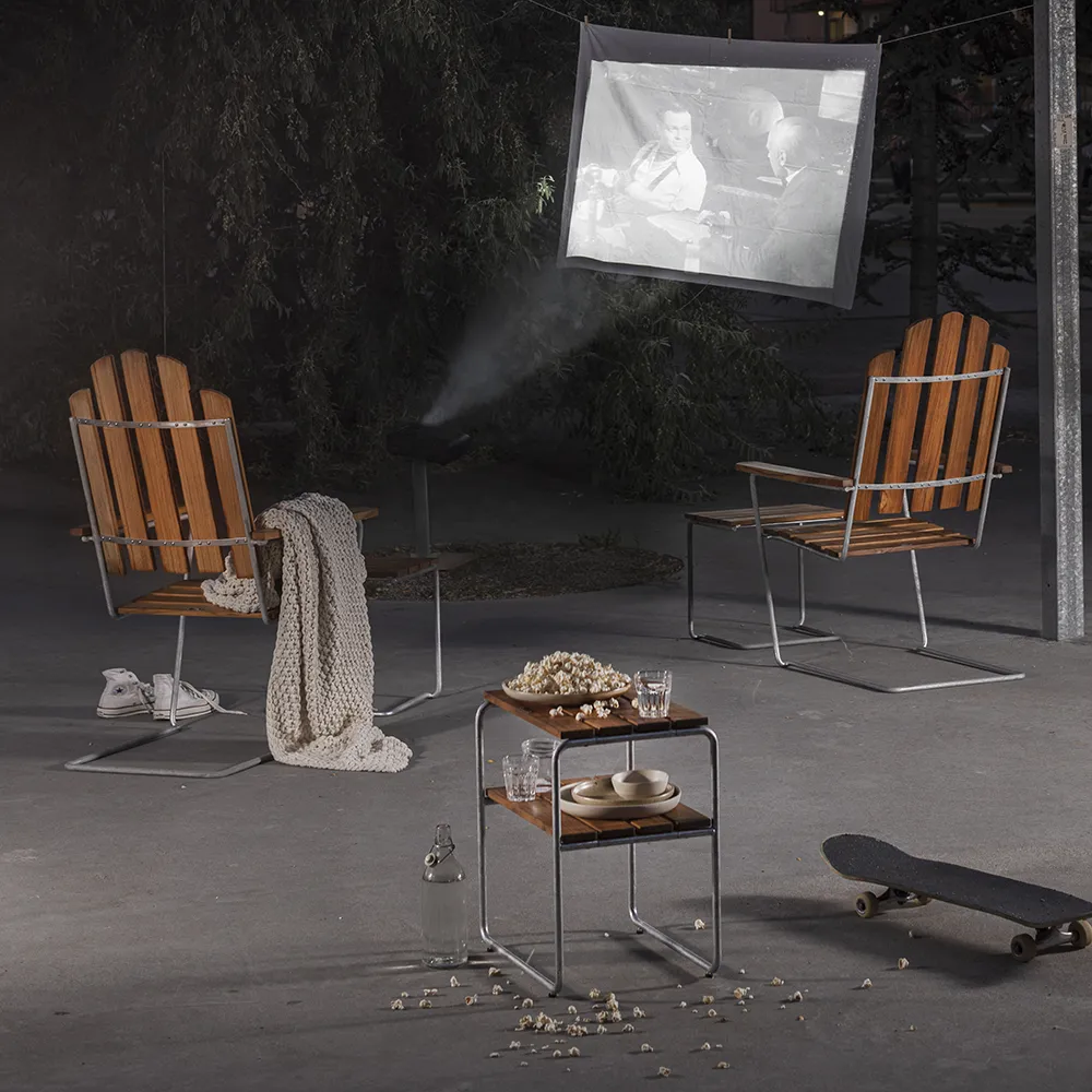 A3 aurinkotuoli käsittelemätöntä tiikkiä / kuumasinkitty runko Grythyttan Stålmöbler