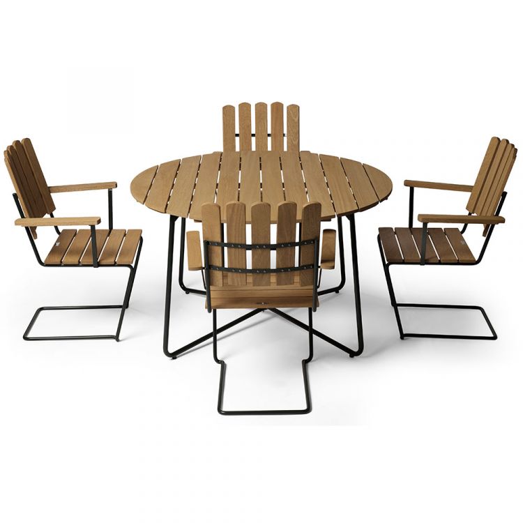 Grythyttan Stålmöbler ruokailuryhmä 9A Ø 120 cm ja A2 tammi vihreä